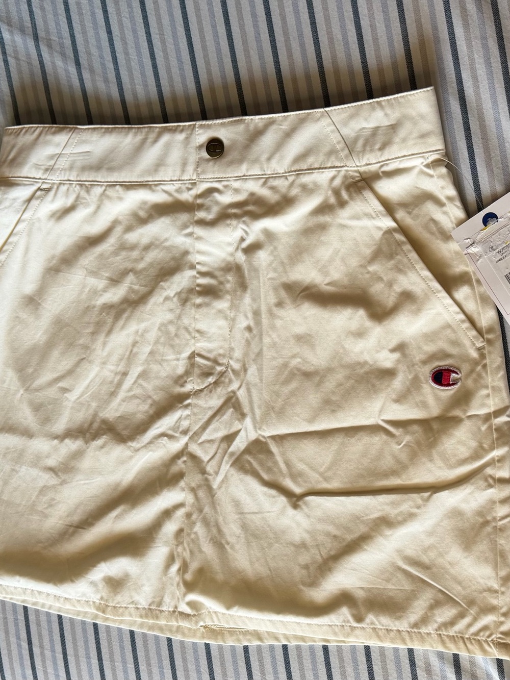 Champion Men’s Cream Athletic Shorts with Red Logo